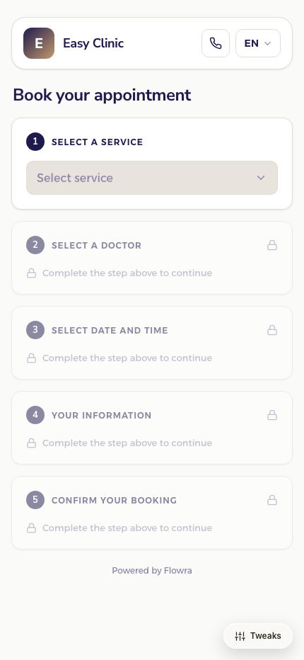 Flowra mobile patient booking flow for Easy Clinic