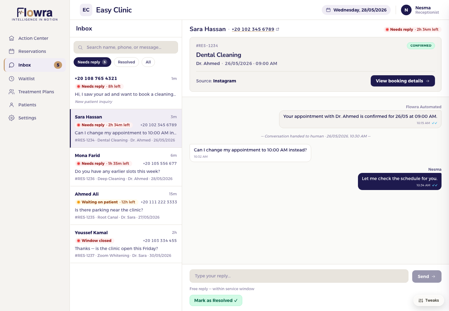 Flowra patient inbox with a clinic conversation and patient context