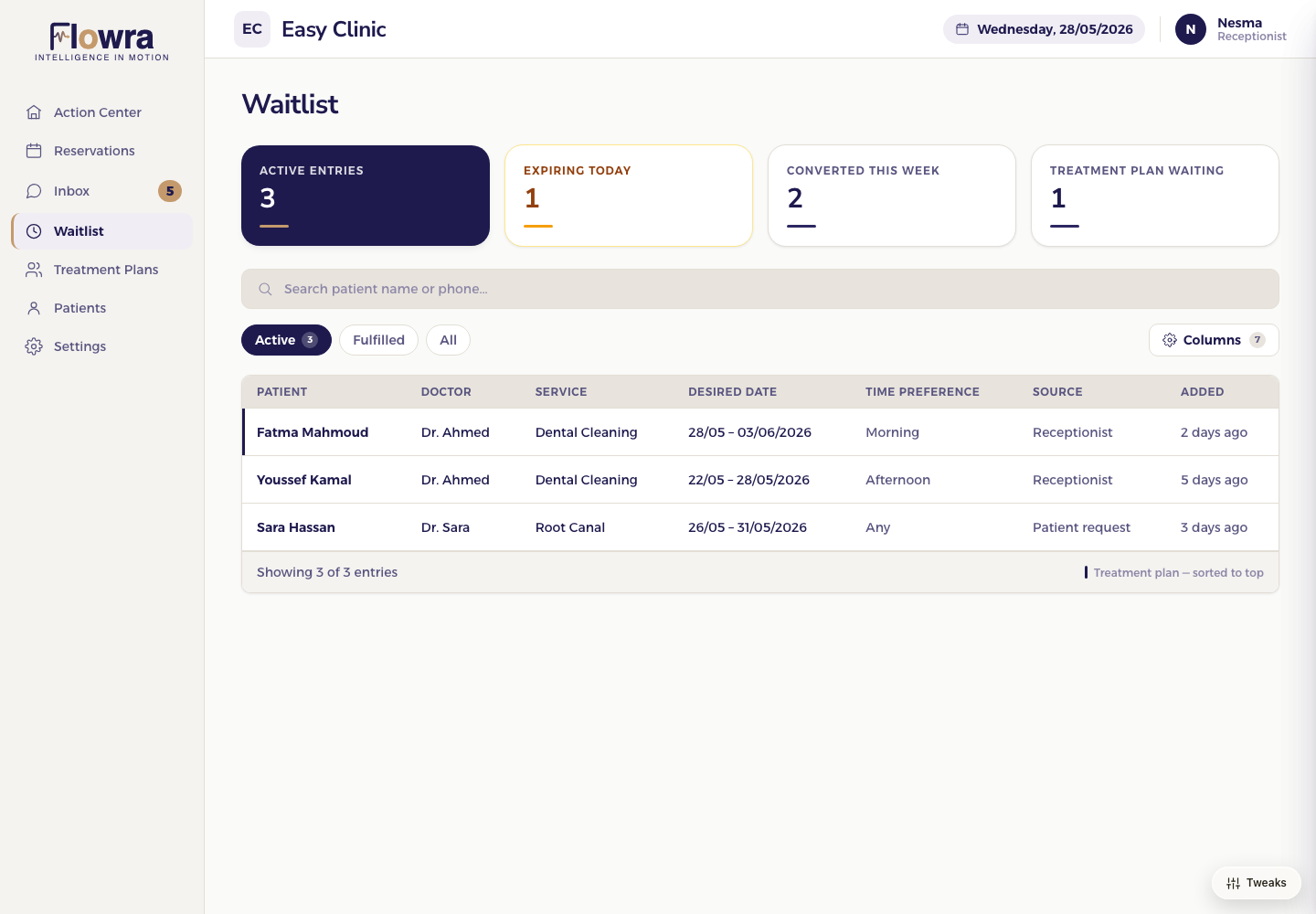 Flowra active waitlist showing patient preferences for reception review